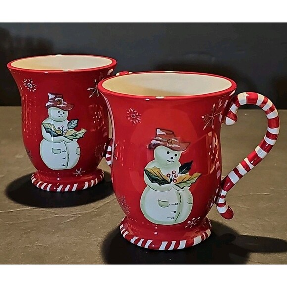 2 TRACY PORTER Christmas JOLLY OL' SNOWY Coffee Cocoa Mugs Cup Red-White Snowman - Picture 3 of 6